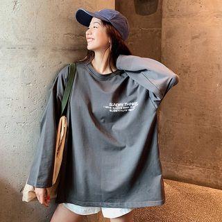 Lettering Long-sleeve Oversize T-shirt Gray - One Size