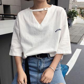 Lettering Cut Out Front Elbow Sleeve T-shirt