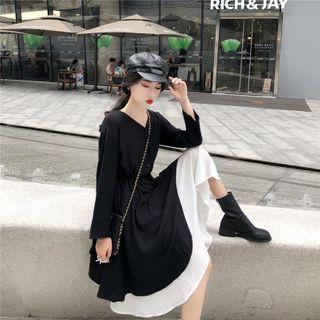 Color-block Long-sleeve Dress As Shown In Figure - One Size