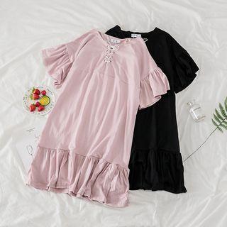 Ruffled Trim Elbow Sleeve Lace-up Dress