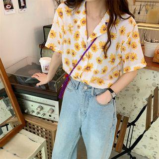 Floral Printing Lapel Collar Short-sleeve Blouse As Shown In Figure - One Size