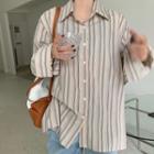Long-sleeve Striped Shirt / Knit Vest / Midi Knit Skirt