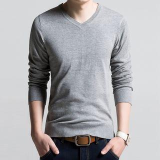 Long-sleeve V-neck Plain Knit Top