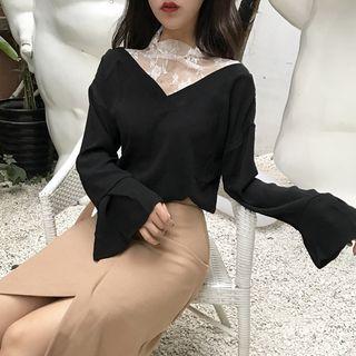 Lace Panel Mock-two V-neck Long-sleeve Chiffon Blouse