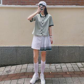 Elbow-sleeve Contrast Trim Buttoned Top / Pleated Paneled A-line Mini Skorts