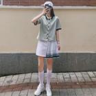 Elbow-sleeve Contrast Trim Buttoned Top / Pleated Paneled A-line Mini Skorts