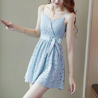 Spaghetti Strap Perforated A-line Mini Dress