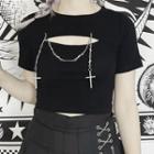 Short-sleeve Cutout Chain-accent Crop Top Black - One Size