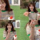 [exclusive] Balloon-sleeve Multicolor-stripe T-shirt Green - One Size