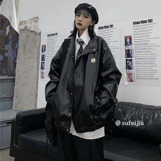 Flower Embroidered Single-breasted Faux Leather Jacket