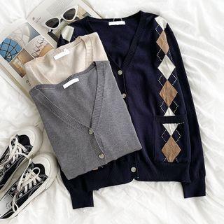 Long-sleeve Plaid V-neck Knit Cardigan