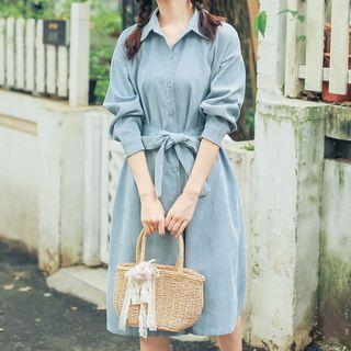 Tie Waist Shirt Dress Blue - One Size