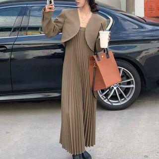 Cropped Plain Blazer / Suspender Ruched Panel Dress