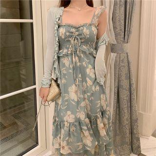 Floral Print Sleeveless Dress / Plain Cardigan