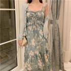 Floral Print Sleeveless Dress / Plain Cardigan