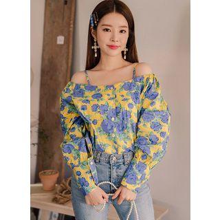 Off-shoulder Buttoned Floral Blouse