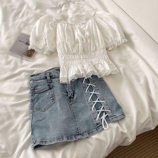 Lace Trim Cropped Blouse / Denim Mini A-line Skort