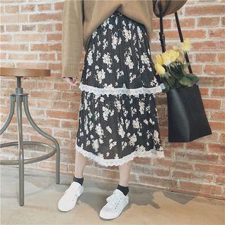 Floral Print Layered Chiffon Midi Skirt