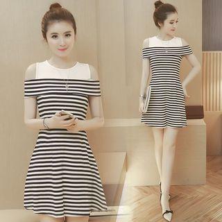 Cold-shoulder Striped A-line Dress