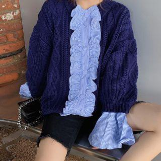 Striped Ruffle Cable Knit Cardigan Blue - One Size