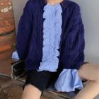 Striped Ruffle Cable Knit Cardigan Blue - One Size