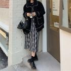 Contrast Trim Fleece Jacket / Striped Midi Skirt