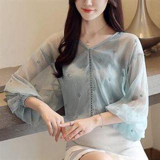 Star Embroidered V-neck Chiffon Blouse
