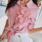 Striped Flower Accent Tie-hem Cropped Blouse