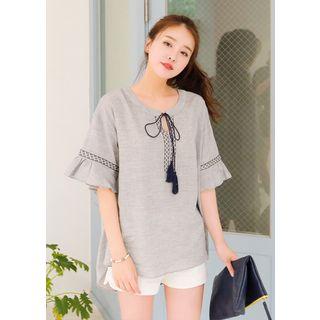 Elbow-sleeve Frill-cuff Embroidered Tasseled Top