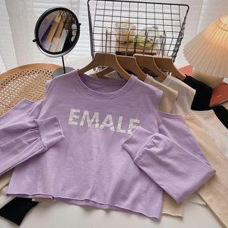 Long-sleeve Off-shoulder Lettering Print Top