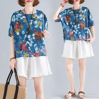 Short-sleeve Printed Top Denim Blue - One Size
