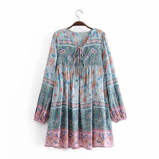 Long-sleeve Flower Print Mini Shift Dress