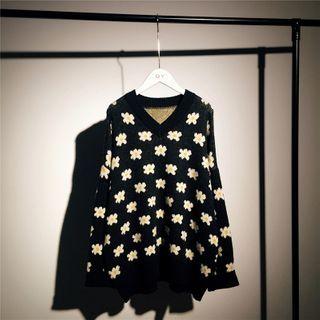 V-neck Floral Over-sized Knitted Top