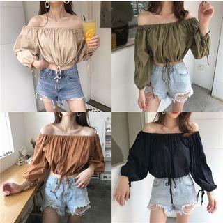 Off-shoulder Long-sleeve Drawstring Crop Top