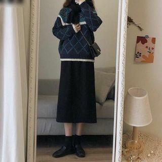 Midi A-line Skirt / Argyle Sweater