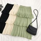 Plain Ruffle-trim Knit Midi Skirt