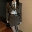 Letter Embroidered Cropped Blazer / Crop Shirt / Plain Tie / Waist Chain / Set