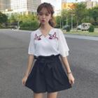 Set: V-neck Elbow-sleeve Top + High Waist Shorts