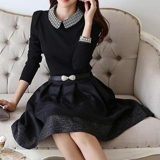 Patterned-collar Pleated A-line Dress
