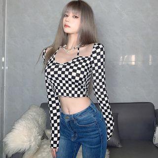 Long-sleeve Checker Print Crop T-shirt