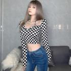 Long-sleeve Checker Print Crop T-shirt