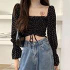 Long-sleeve Floral Chiffon Drawcord Crop Top As Shown In Figure - One Size