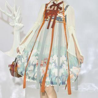 Bell-sleeve Blouse / Print Mini Overall Dress