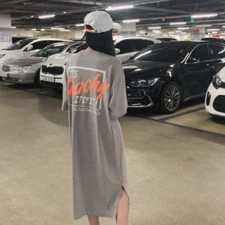 Elbow-sleeve Letter Print T-shirt Dress Gray - One Size