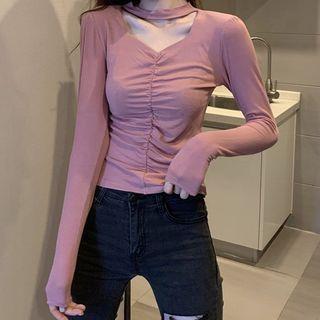Choker-neck Long-sleeve Shirred T-shirt