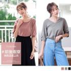 Elbow-sleeve Buttoned 2 Ways V-neck Top