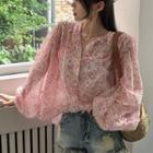 Puff-sleeve Floral Print Blouse Pink & White - One Size