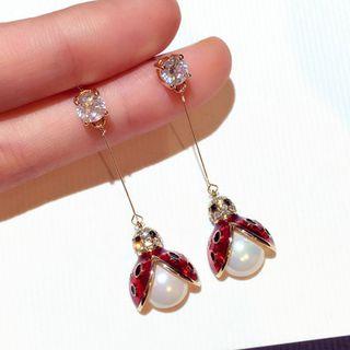 Rhinestone Faux Pearl Ladybug Drop Earring