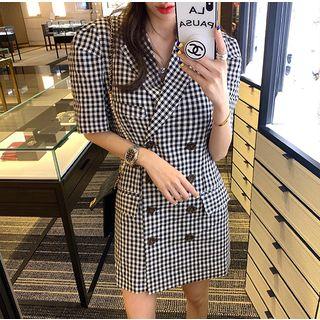 Check Short-sleeve Double Breasted Shirt Dress As Shown In Figure - One Size