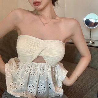 Strapless Eyelet Lace Blouse Almond - One Size